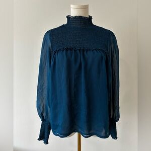 Laundry By Shelli Segal Teal Smocked High-Yoke Blouse with sheer sleeves